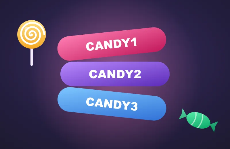 Kody CANDY1–3 Trzy kolorowe kupony z kodami CANDY1, CANDY2, CANDY3 – bonusy depozytowe Candy Casino