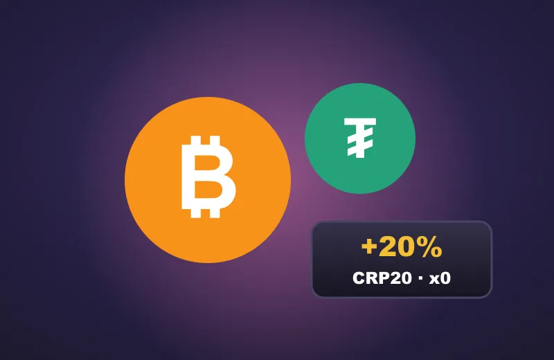Kod CRP20 Monety Bitcoin i Tether oraz napis +20% CRP20 x0 – bonus krypto w Candy Casino